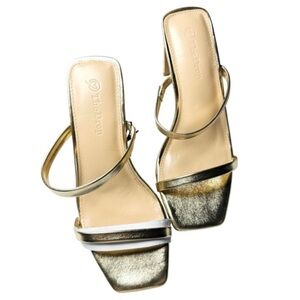 NWT The Drop Women’s Sz 6 Gold Avery Square Toe Two Strap High Heeled Sandal
